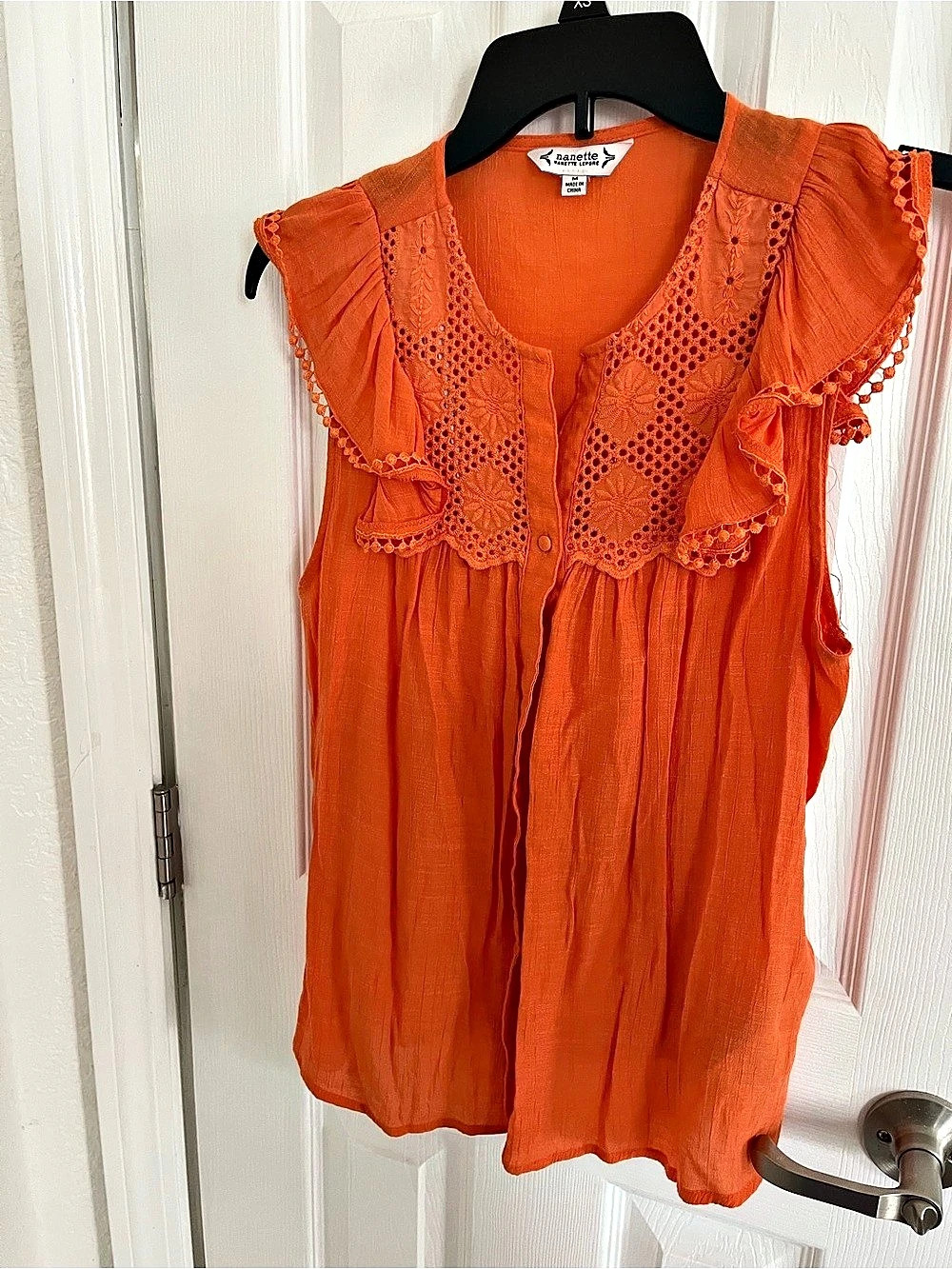 Nanette Lepore Crochet Ruffle Blouse in Orange Size Medium Like New